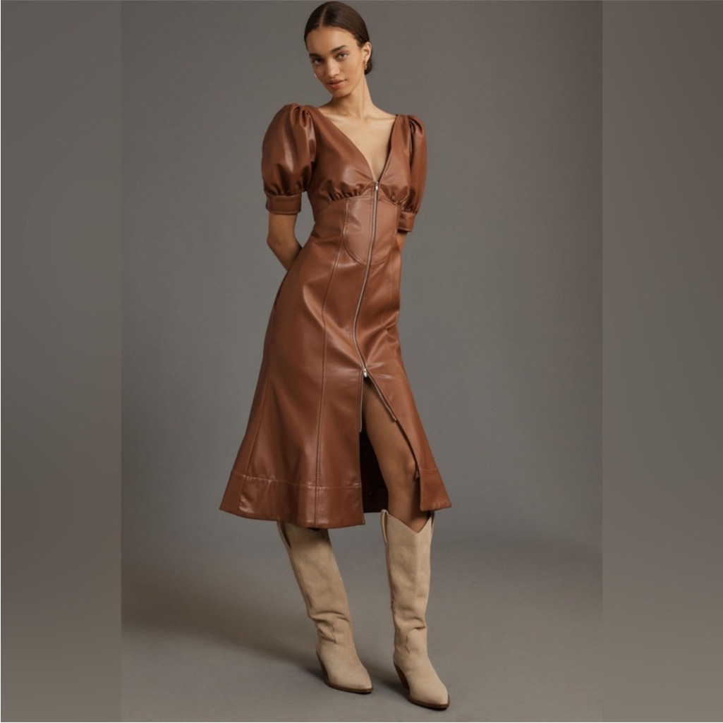 Faux Leather Puff Sleeve Zip Front Midi Dress